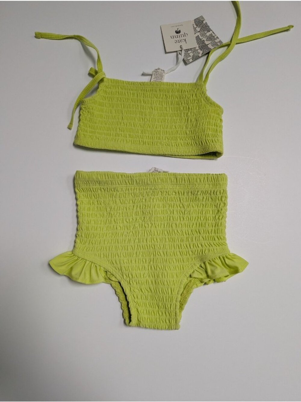 Kate Quinn Swimsuit 2T Bright Neon Yellow Ruffled Smocked Bikini Swim 2pc